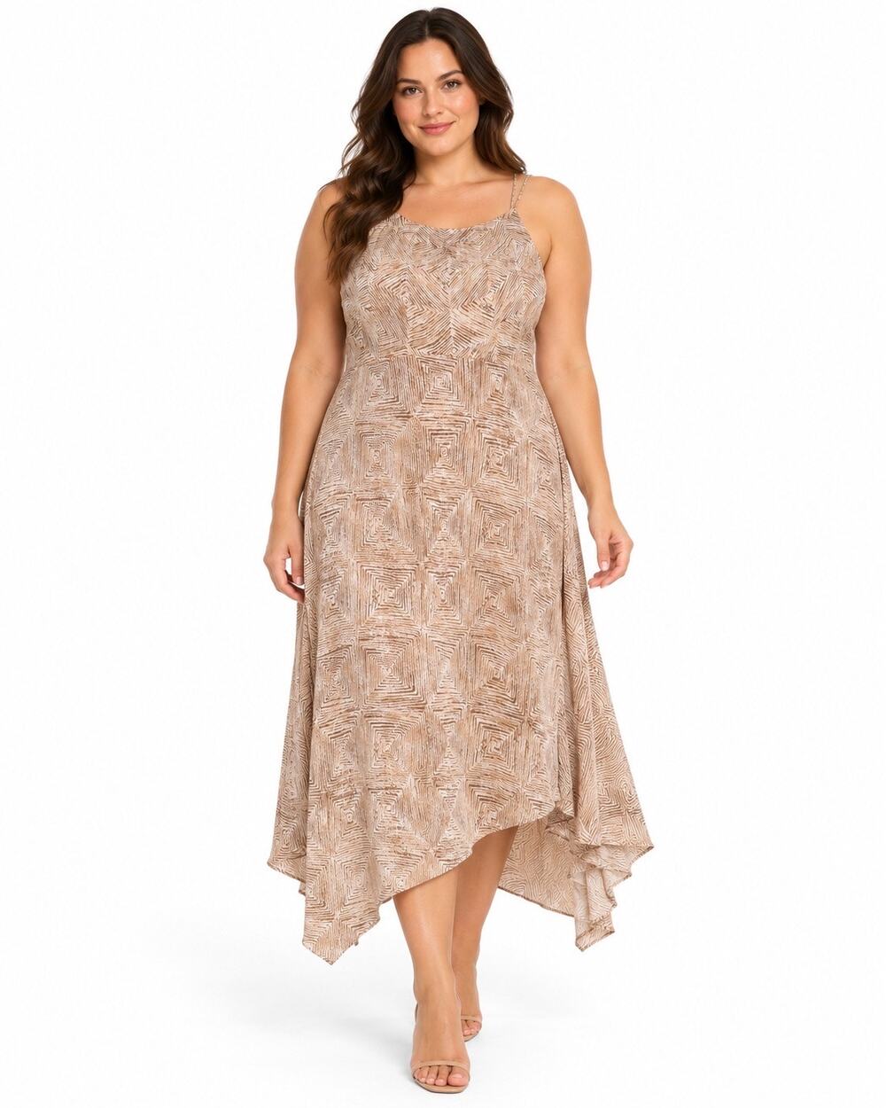Evan-Picone Size 12 Beige Brown Geometric Print Sleeveless Midi Dress